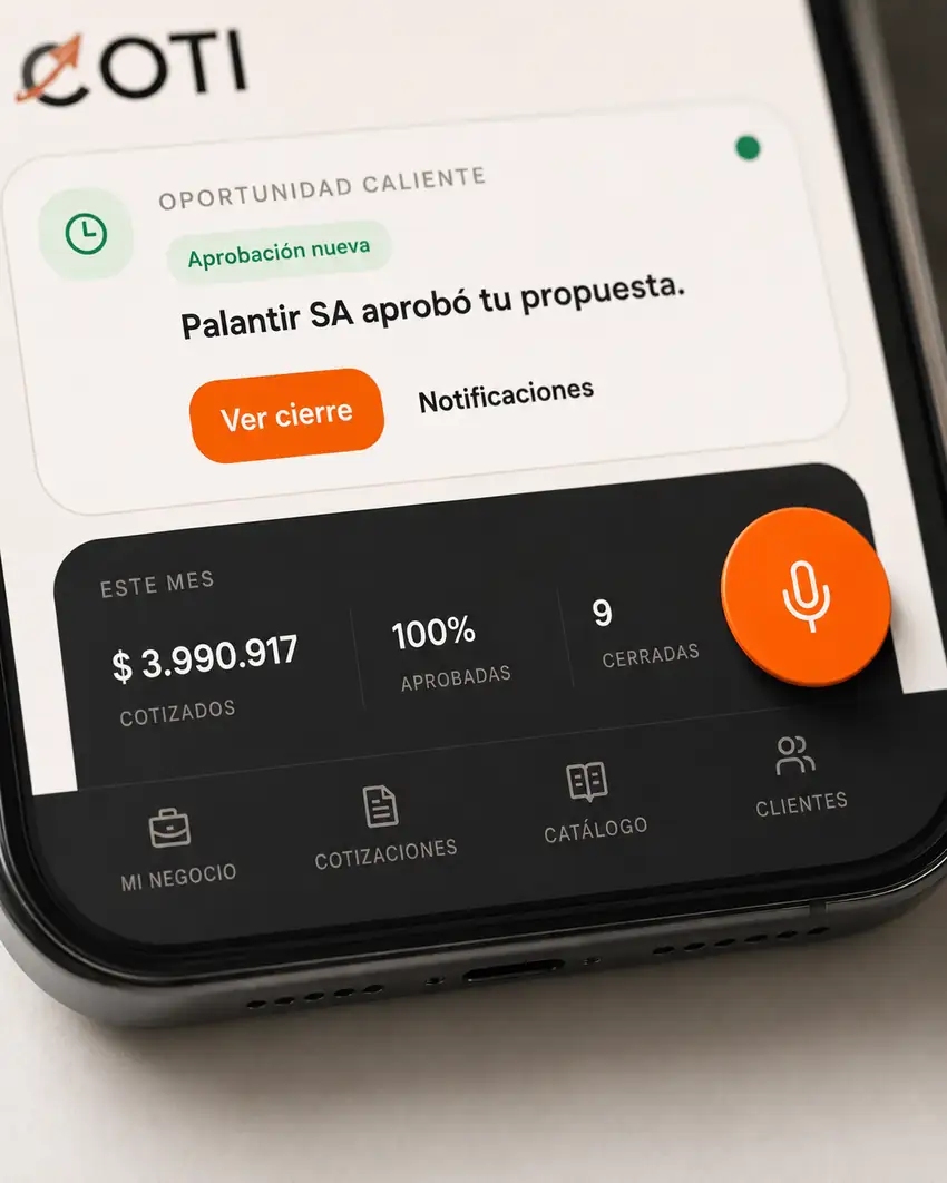 Pantalla mobile de COTI con acceso rápido para nueva cotización